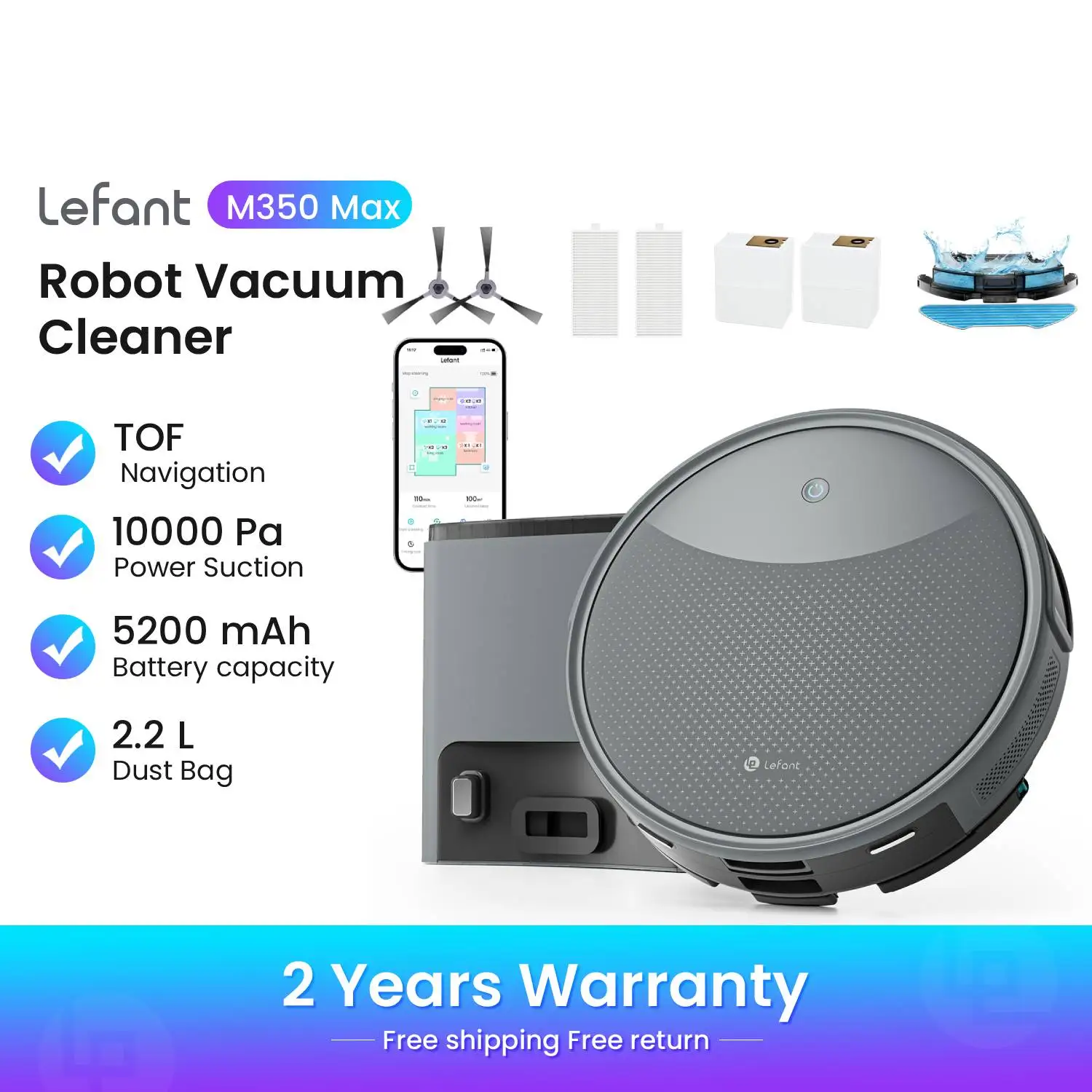 LEFANT M350 Max Roboterstaubsauger mit Saugstation, 10000 Pa No-Go-Zone, Wischfunktion, ideal für Tierhaare und Hartböden