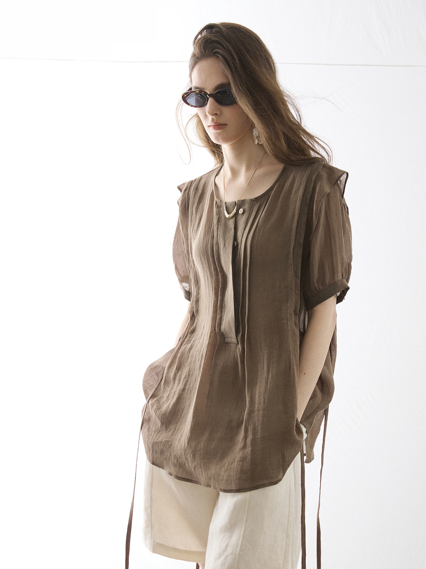 

New Moofeel Flax Pleated Short Sleeve Shirt Summer Design Sense Belted Slightly Creased Brown Top Women's Business Casual Shirt
