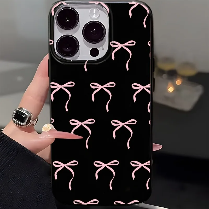 Черно-розовый чехол для телефона с ручной росписью в виде банта для iPhone 17, 16, 15, 14, 13, 12, 11 Pro Max Plus, противоударный, с защитой объектива, антиударный