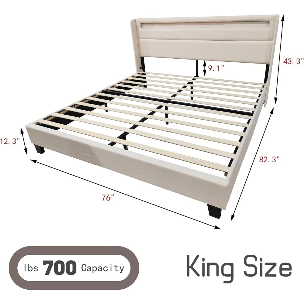 Upholstered King Bed Frame with Headboard LED Lights Platform Bed Wooden Slats Support Non-Slip and Noise-Free Easy Assembly