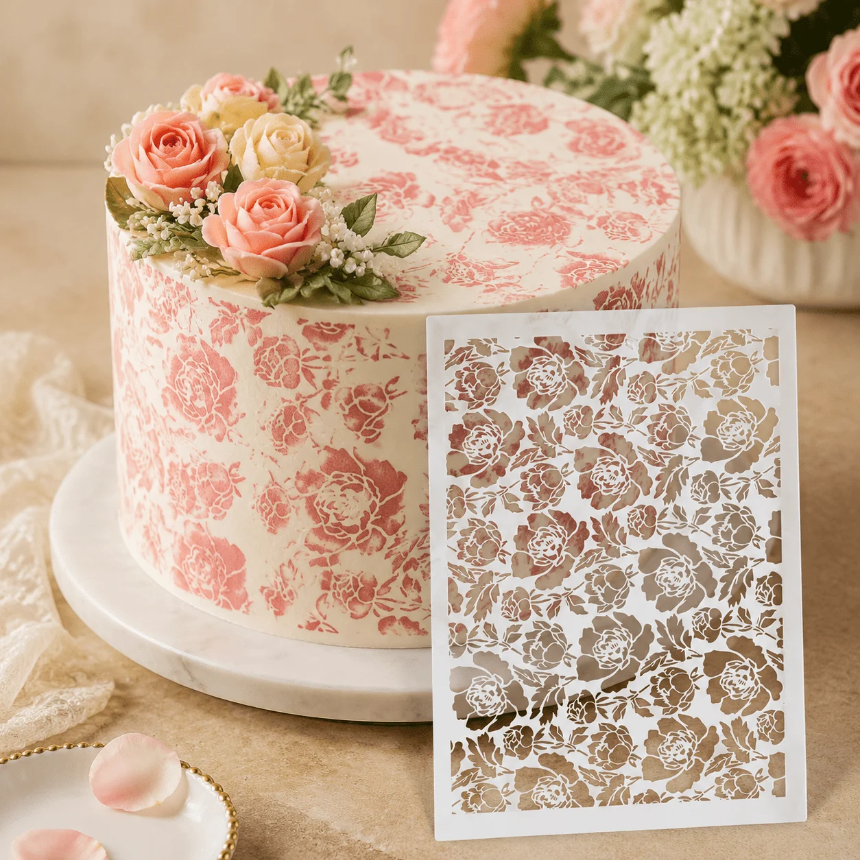Vintage Peony Flower Cake Side Stencil, Food‑Safe PET Reusable Hollow‑Out Baking Decor Stencil