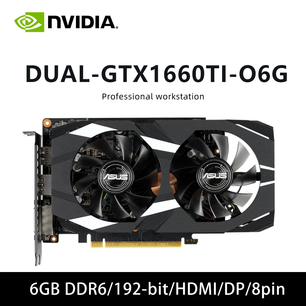 GTX 1660 Ti 6GB GPU ASUS DUAL-GTX1660TI-O6G Graphics Card Support 6GB GDDR6 192-bit 8-pin PCI-E 3.0 DVI-D HDMI DP Double Fan
