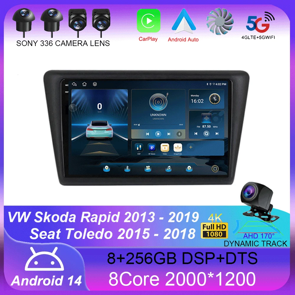 Android 14 Carplay Car Radio For VW Skoda Rapid 2013 2014 2015 2016 2017 2018 2019 Seat Toledo 2015 - 2018 GPS Multimedia Stereo