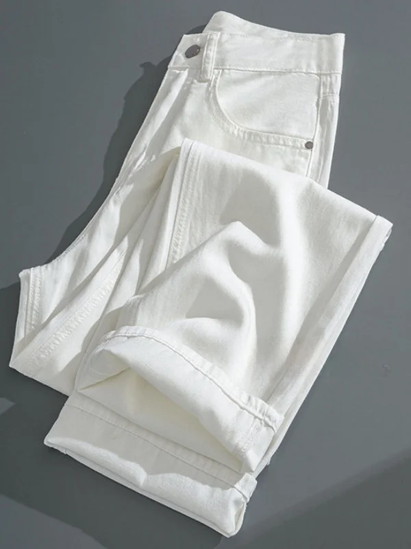 White Summer Thin Three-Resistant Lyocell Ice Silk Wide Leg Jeans Women's Casual Straight Leg Trousers High Waist Pocket Detail