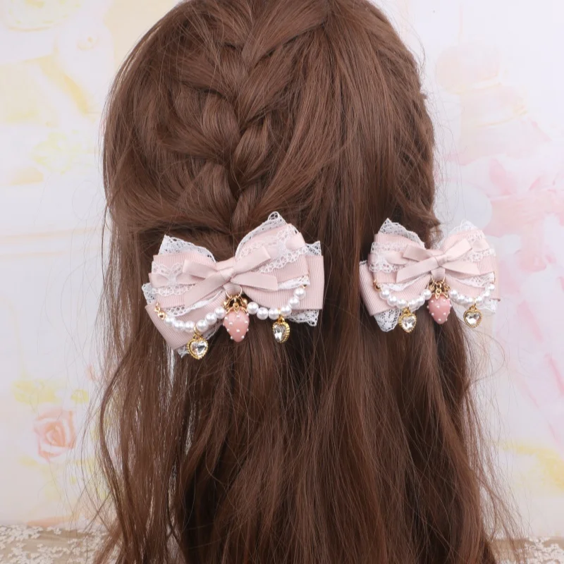 Handmade Japanese Mine Sweet Cute Lace Beaded Bow Heart Shape Rhinestone Side Barrettes Female Girls Strawberry Hair Clips