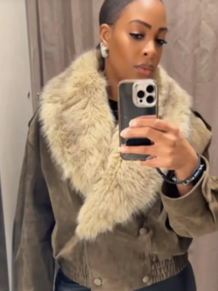 

Women Chic Fur Collar Patchwork Short Jacket Casual Full Sleeve Double Breasted Loose Warm Jackets Lady Winter Street Outerwear