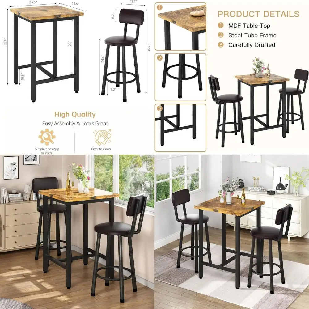 

Rustic Brown 24 3-Piece Pub Dining Set with Bar Table and Stools for Small Spaces