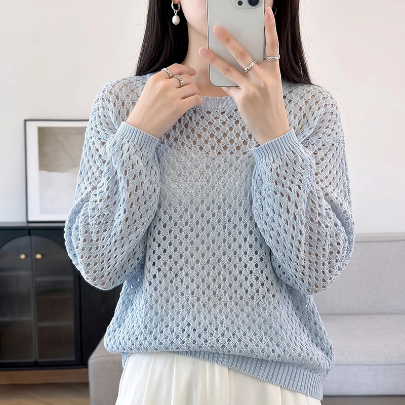 Autumn and winter100% purecotton women's sweater casual solid color knitted round neck pullover loose and fashionable hollow top