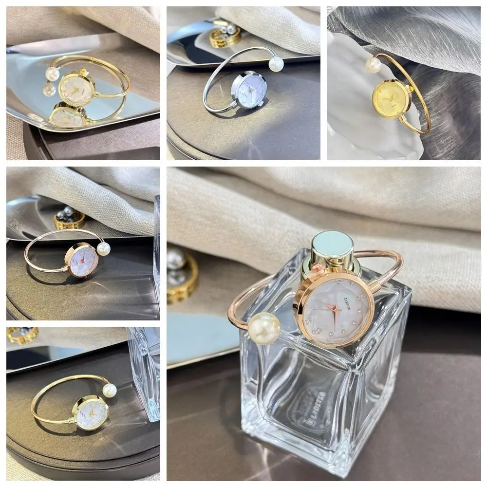 Elegant Alloy Ladies Quartz Wristwatch Rose Gold Rhinestone Bracelet Watch Imitation Pearl Vintage Small Dial Watch Women's