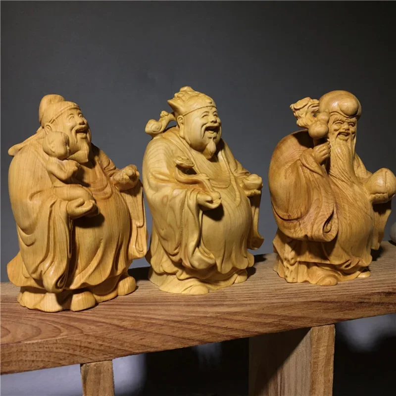 

solid wood Fu Lu Shou- Character ornament Wooden hand-carved Home Living Room Bedroom Decorative Statue 3 piece set