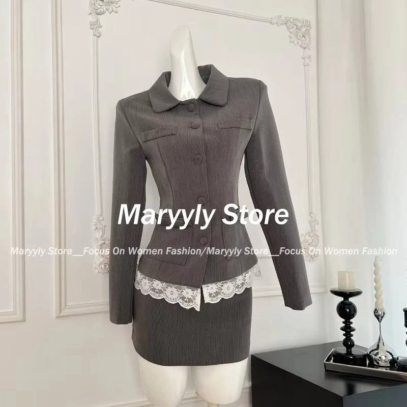 Korean Fashion Office Lady Skirt Suit Women Elegant Lace Turn-down Collar Slim Coat + High Waist Mini Skirt Grey 2 Piece Set New