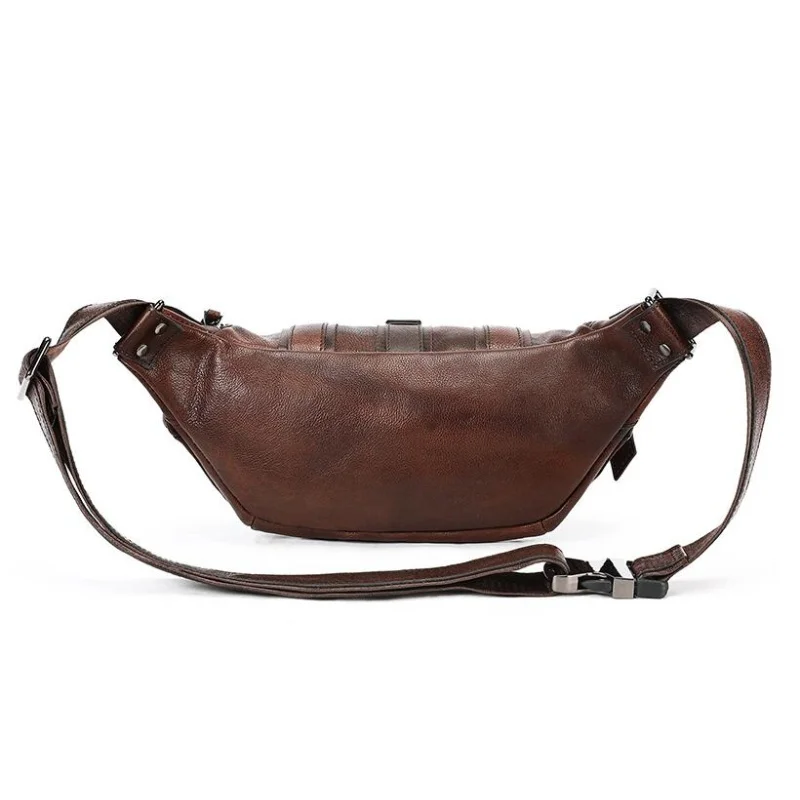 Genuine Leather Casual Chest Bag for Men Pure Color Vintage Shoulder Bag with Pockets Functional All-match Travel Purse