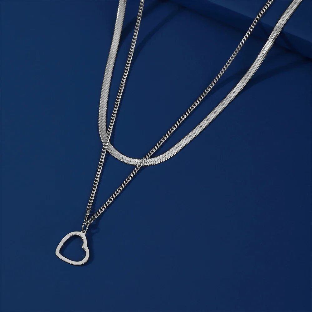 Skyrim Heart Snake Chain Necklace for Women Stainless Steel Minimalist Simple Double Layer Clavicle Neck Chain Kpop Jewelry
