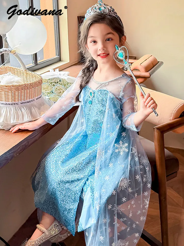 High-end Luxury Baby Girls Sweet Princess Mesh Dress 2026 Summer New Kids Sequin Mid-sleeved Birthday Performance Maxi Gown