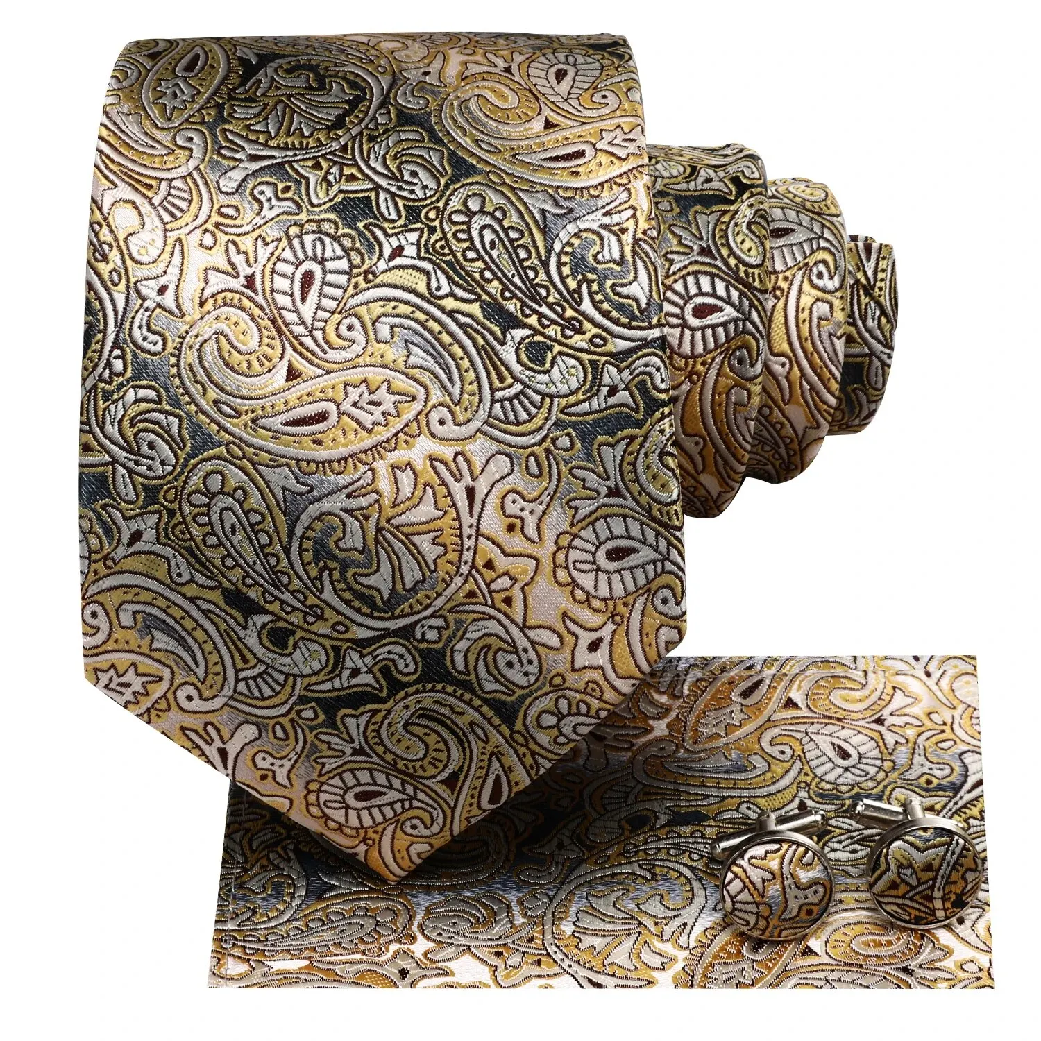 Hi-Tie Luxury Yellow Brown Paisley Elegant Business Necktie For Men Silk Mens Tie Clip Hanky Cufflinks Set Formal Wedding Party