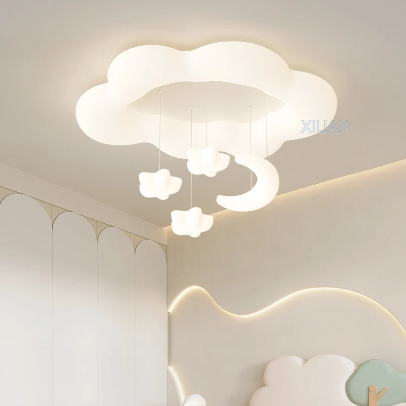 Creative White Cloud Bedroom Chandelier Lamps Star Moon PE Sconces Hanging Ball Kids Room Ceiling Suspension Light Girl Boy Baby