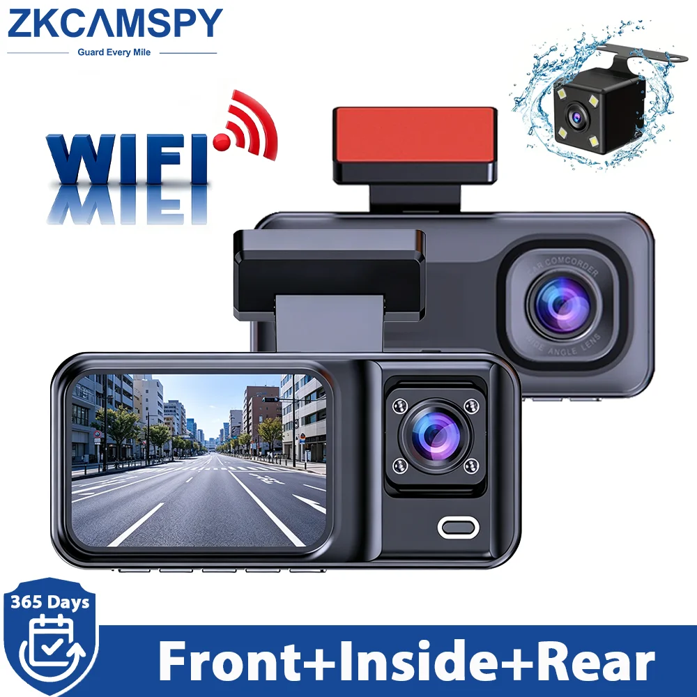 ZKCAMSPY Dash Camera 3 Channel WiFi Dash Cam Black Box G-Sensor 24h Parking Monitor Motion Detection Loop Record Car DVR Camera