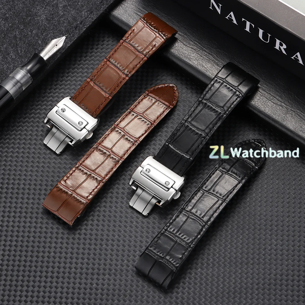 20mm 23mm Genuine Calfskin Leather Watch Straps Slub Pattern Watch Band for Cartier Santos for Men Women Folding Buckle Bracelet