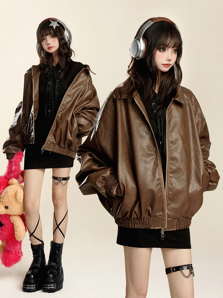 レトロ97 レディースバイカージャケットとAラインミニスカートセット 秋ファッションアウター 長袖ジッパー開閉