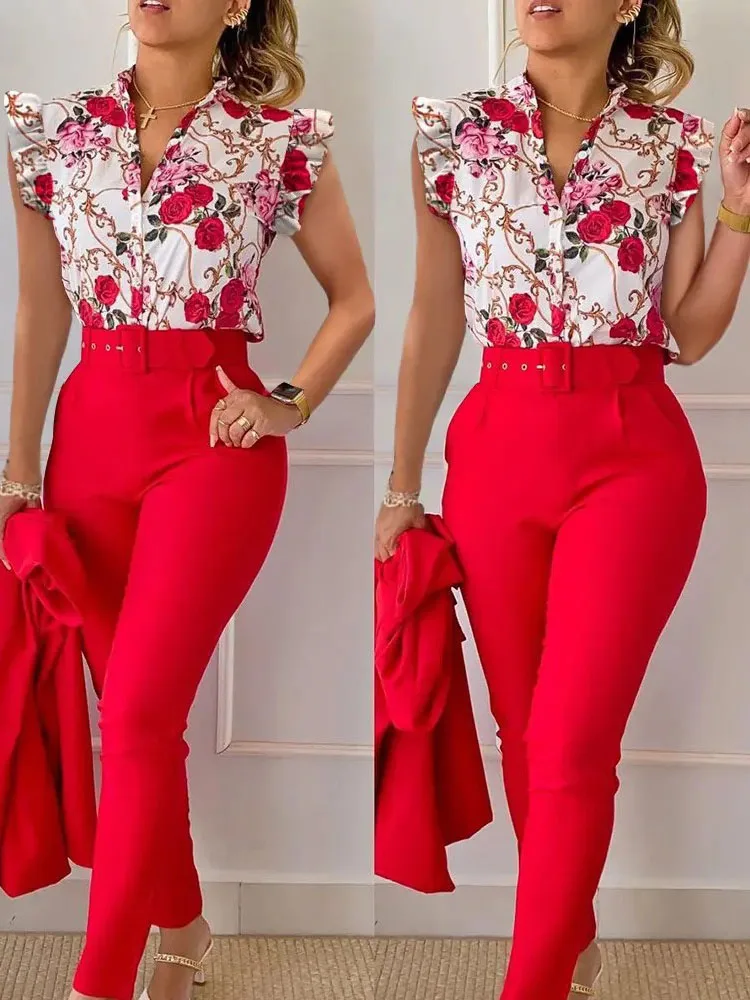 Elegant Women Two Piece Set Suits New Fashion Printed Ruffle Sleeve Top Solid Color Pants Set With Belt  Blouses Female Clothing