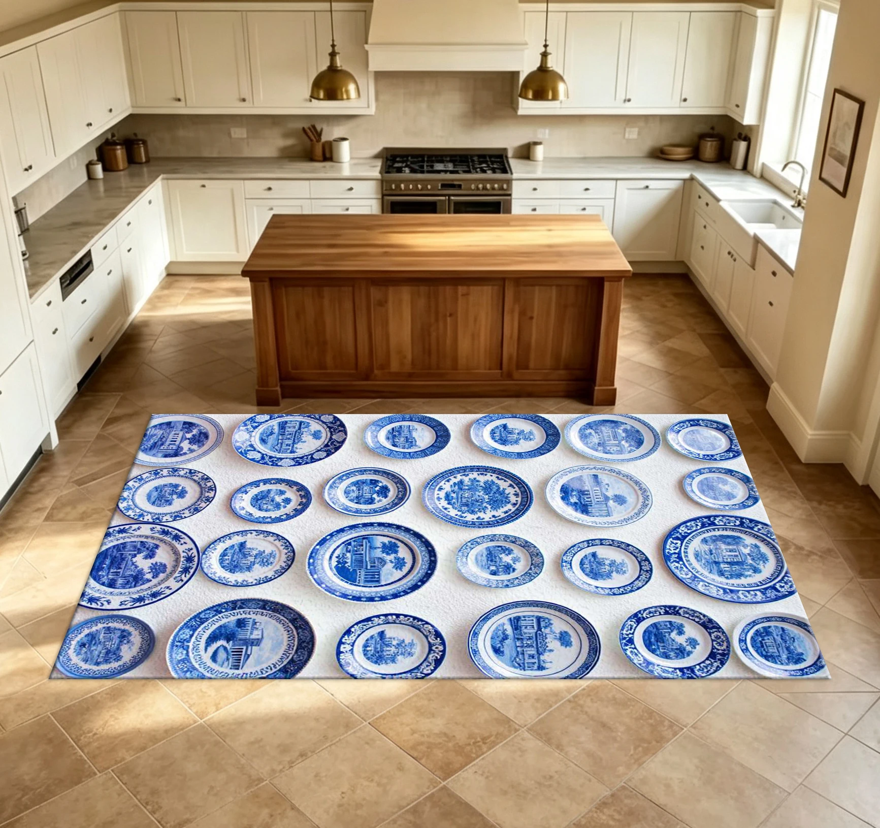 Blue and White Porcelain Plate Series Carpet Flooring with Vintage Chinese Style Ceramic Plate Patterns for Home Decoration