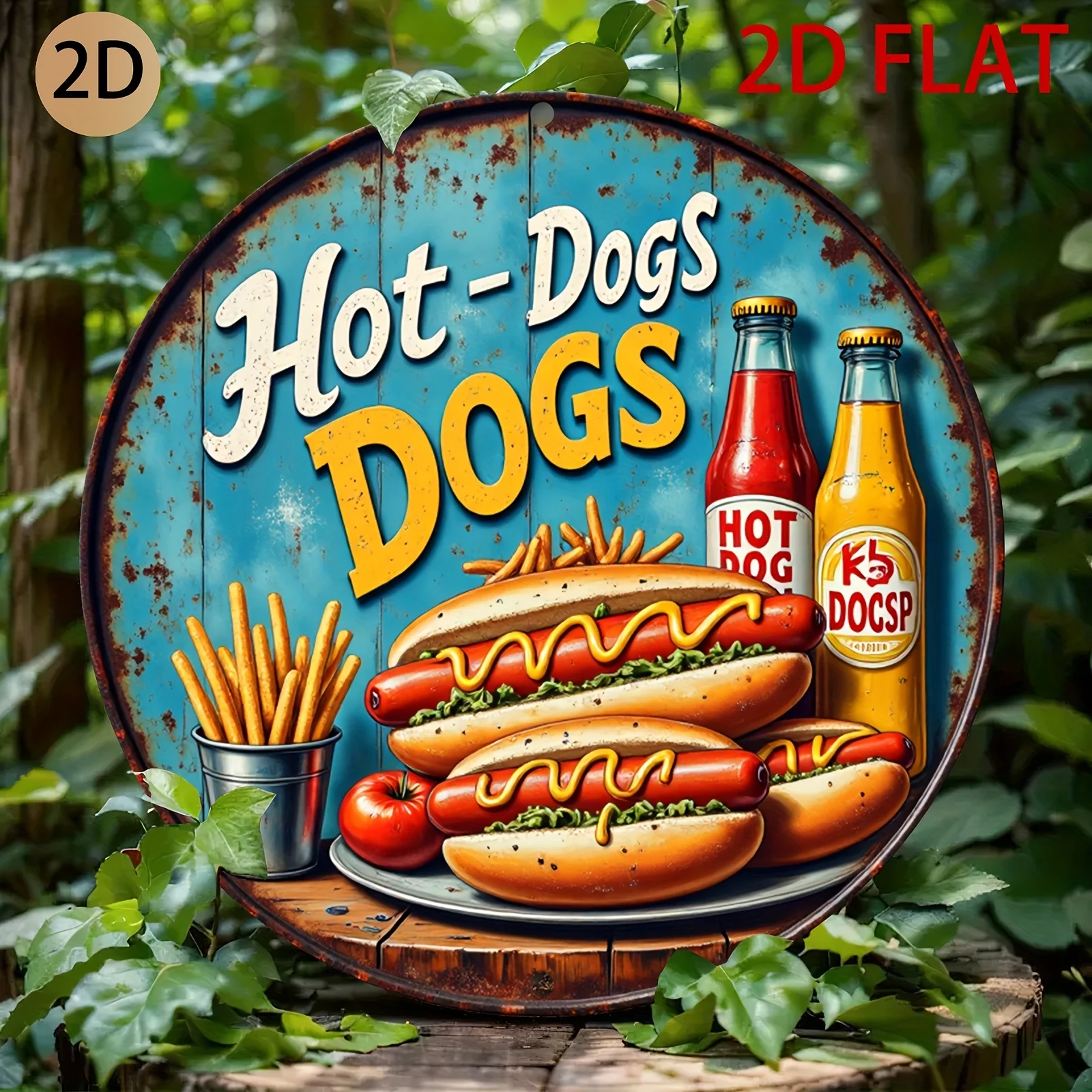 2D Flat - Retro Tin Sign Featuring Circular Hot Dogs, Perfect for Decorating Kitchens, Diners, Or Snack Bars
