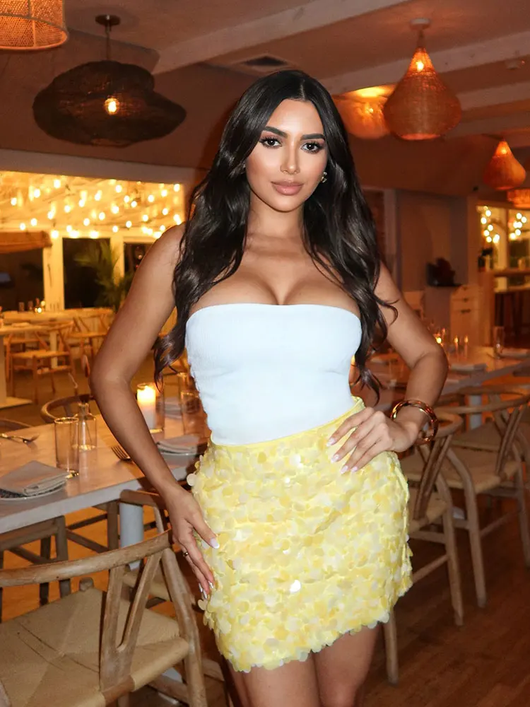 

Женская сексуальная мини-юбка с пайетками, желтая тонкая женская юбка с высокой талией, лето 2022, шикарная элегантная вечерние праздничная женская юбка Y2k