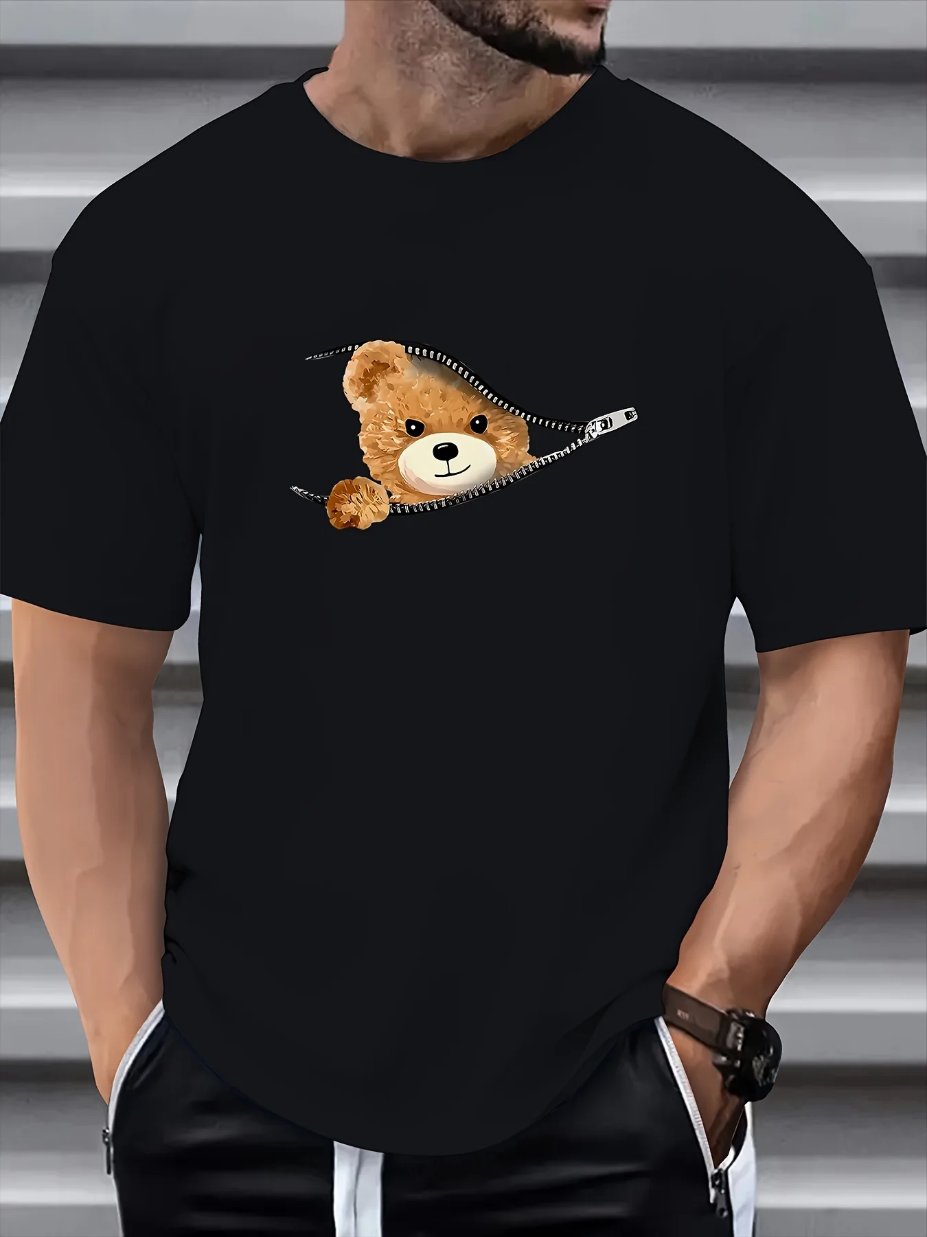 Camiseta Pour Manches Courtes Et Col Montant Imprimé À Motif D'ours Élégant Pour Hommes 100% Pur Coton