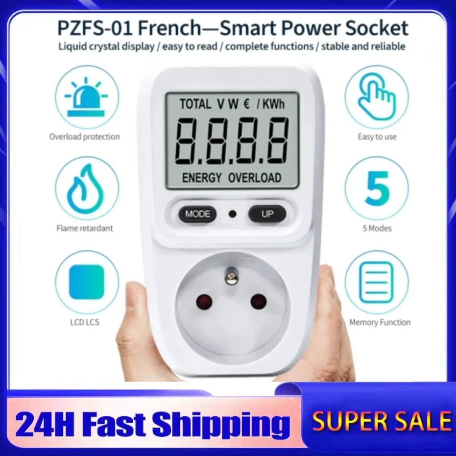 Medidor de potencia eléctrica PZFS-01 220V, LCD vatímetro, probador eléctrico con toma de corriente de medición EU FR, Analizador de potencia