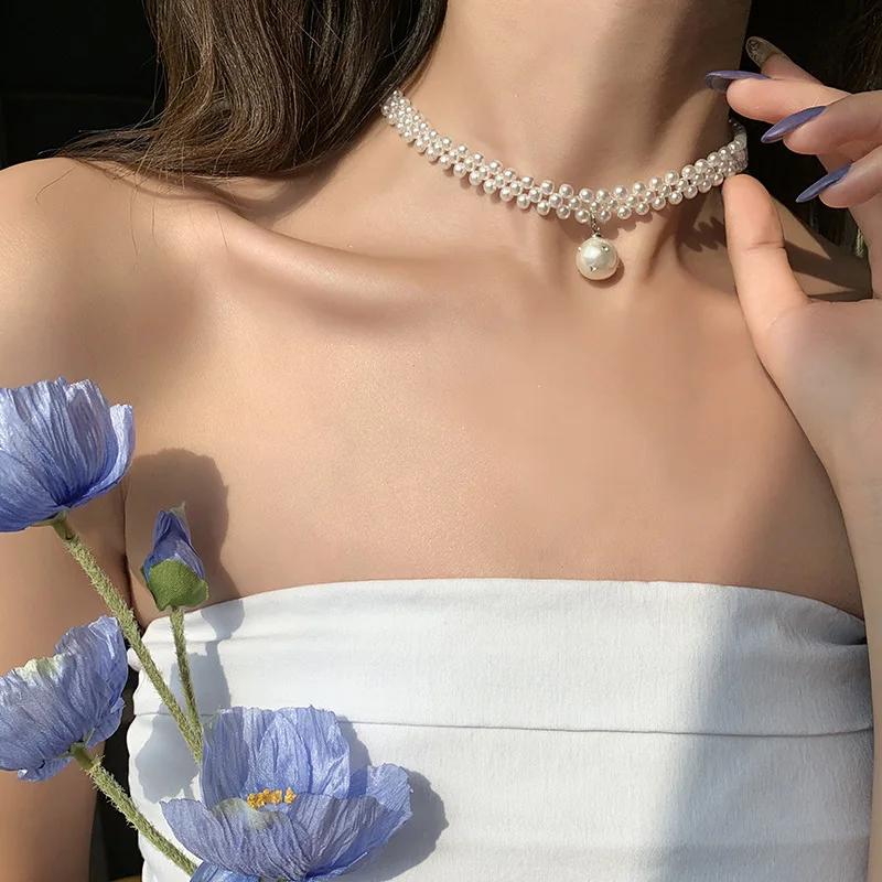 Vintage Elegant Double -Layer Pearl Necklace Bow Water Droplet Pendant Neck Chain for Women Girl Party Jewelry HUANZHI 2023 NEW image 2