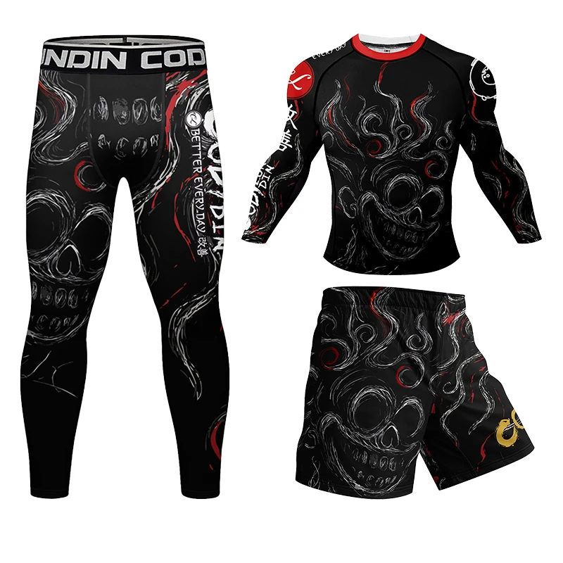Hot Men's MMA No Gi Jiu-Jitsu Brazilian Grappling Kickboxing Fitness Training Rash Guard Sets With Rubber Anti Compression Wear