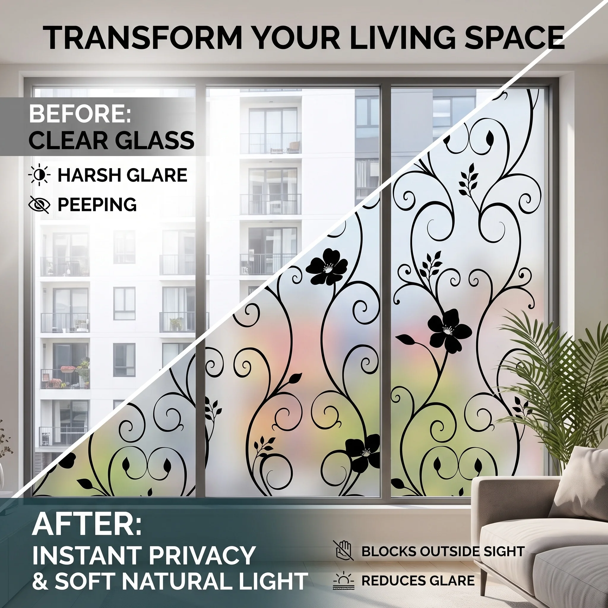 Black Floral Vine Self-Adhesive Window Film Frosted Privacy Glass Sticker Anti-Peeping Soft Light Transmission Scratch-Resistant