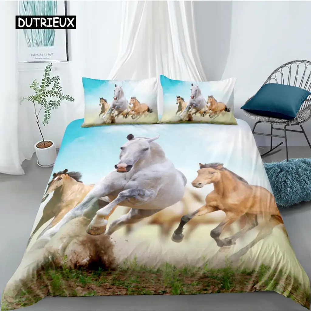 Horse Duvet Cover Set Twin King Size Galloping Steed Bedding Set Microfiber 3D Farm Animals Rustic Country Style Comforter Cover