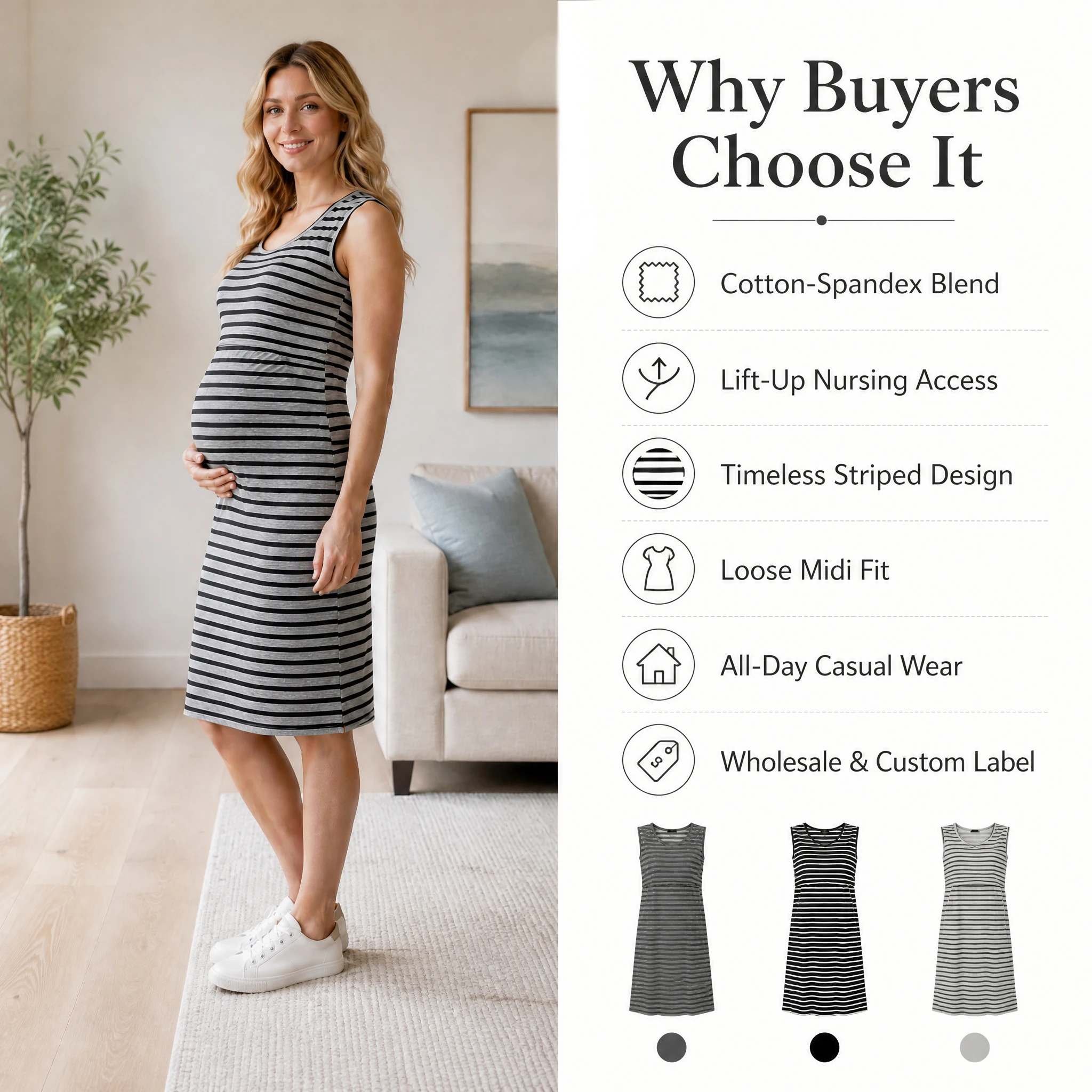 Soft Stretchy Cotton Striped Sleeveless Maternity Nursing Dress Double-Layer Lift-Up Breastfeeding Tank Dress for Pregnancy