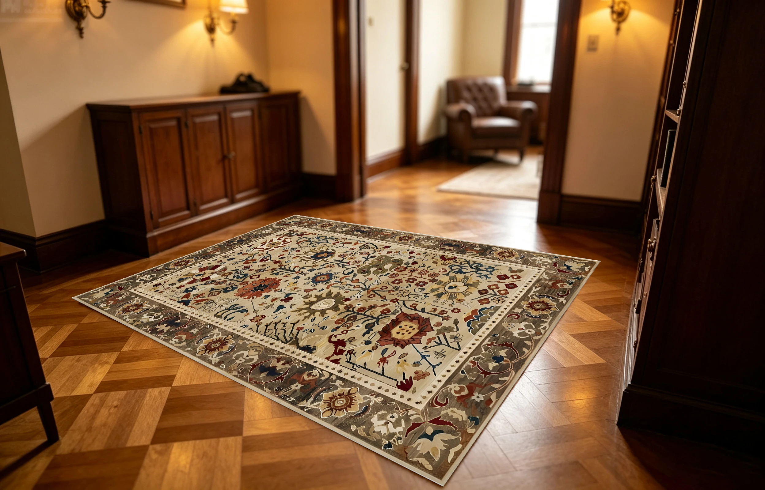 2D Large Rug in Warm Beige-Brown with Vintage Persian Floral Pattern Comfortable for Living Rooms & Bedrooms. Enhances