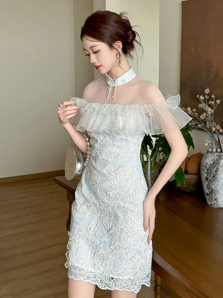 Elegant Sweet Qipao ชุดผู้หญิงเซ็กซี่ Cheongsam SHEER ตาข่าย Splice Ruffles ลูกไม้ตะขอดอกไม้ Hollow Bodycon ชุดปาร์ตี้คลับ Vestido