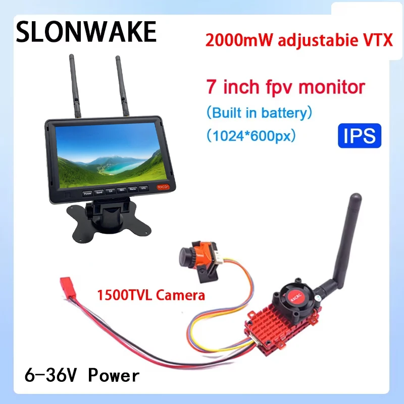 

5.8G 2000mW VTX Transmitter Built-in Microphone with CMOS 1500TVL camera and 7 Inch HD IPS 1024*600 fpv Monitor for RC Part