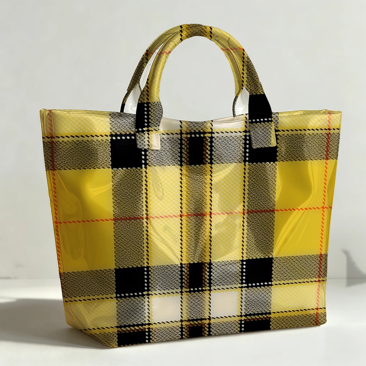 As if Yellow Plaid Fashion Bag Transparent PVC Waterproof Handbag Large Capacity Daily Commute Shoulder Tote Mummy Bag
