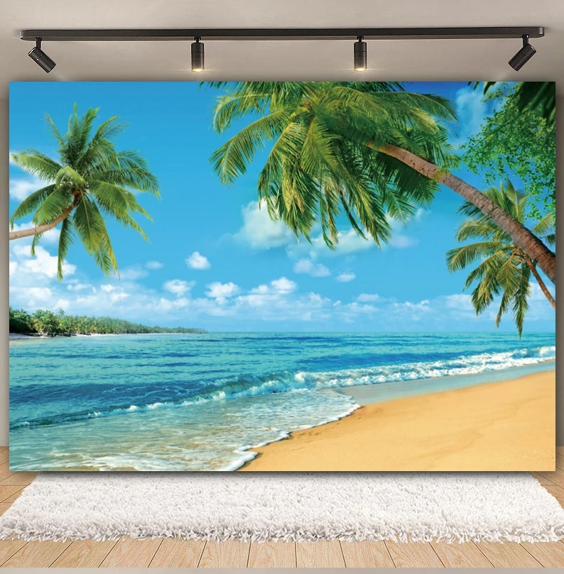 Tropical Beach Backdrop Summer Hawaii Blue Ocean Wave Seaside Palm Tree Holiday Party Baby Birthday Photography Background Decor