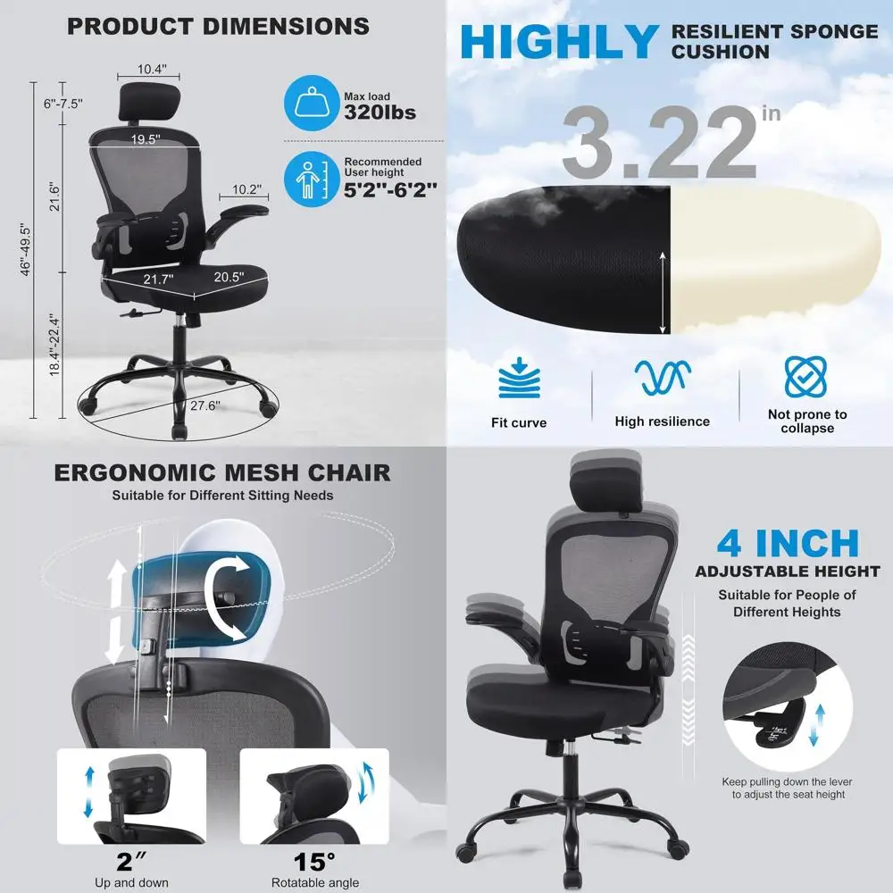 

10-Pack Ergonomic Office Chairs with Adjustable 3D Armrests, Mesh Desk Chairs for Home and Office with Lumbar Support and Flip-U