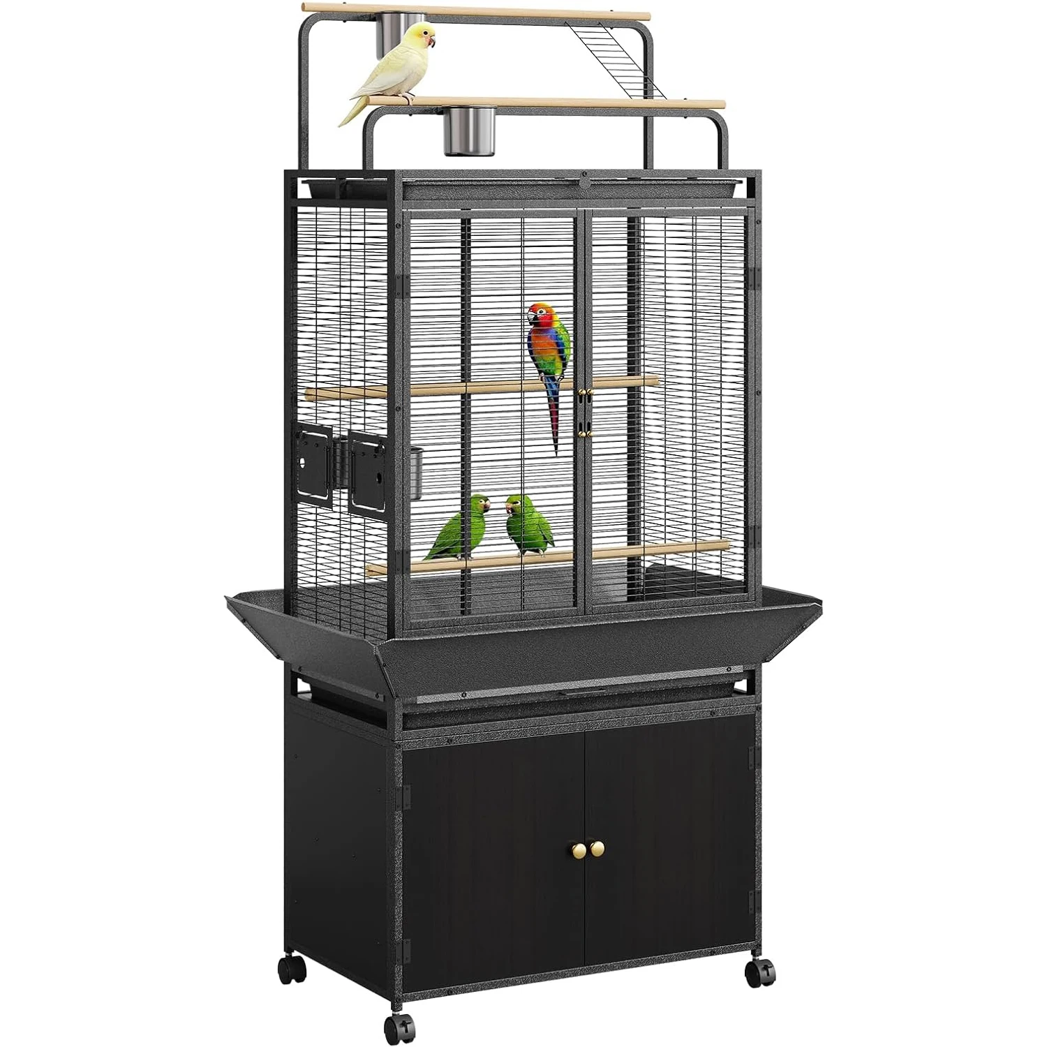 Large Rolling Metal Bird Cage with Play Top for Parrots and Macaws Heavy Duty Escape-Proof, Easy-Clean Tray, Storage Cabinet, Stand & Wheels Indoor/Outdoor Use,Black