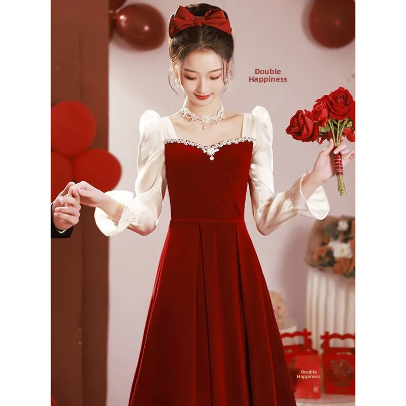 

Red Wedding Dr Luxury ature Women's New Sle Return Door Dr Vintage Sle Bubble Sve mid Waist A-Line Skirt