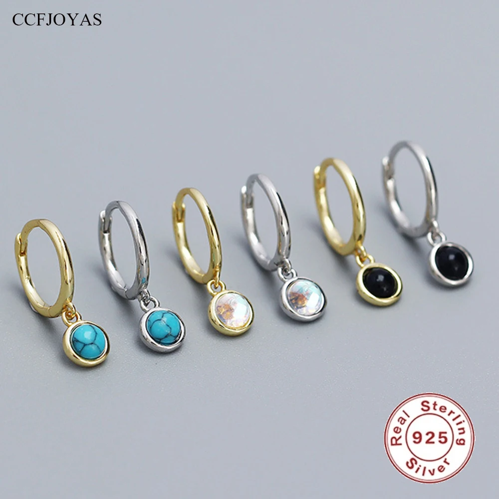 

CCFJOYAS 925 Sterling Silver Round Moonstone/Agate/Turquoise Drop Earrings for Women Simple niche Stacked Earrings Fine Jewelry