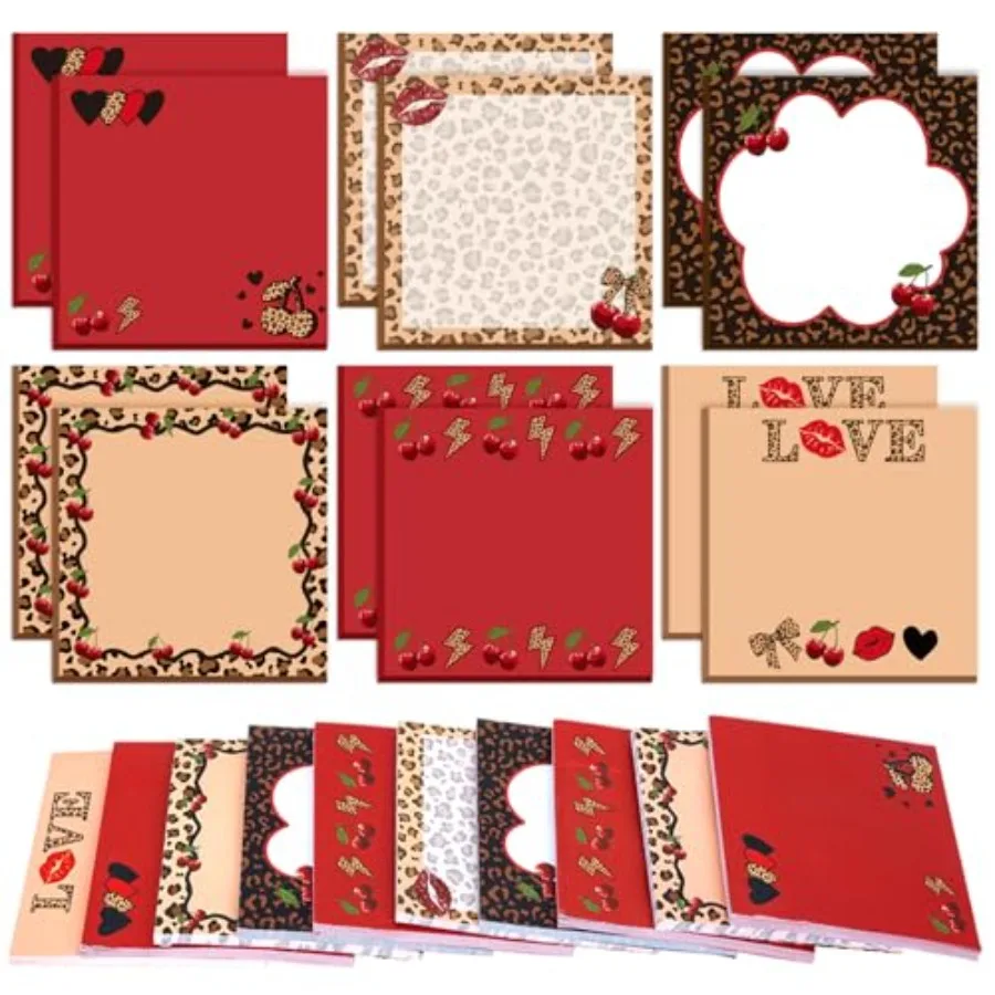 

12 Pads Cheetah Cherry Print Sticky Notes Bulk 3x3 inch Leopard Cherry Self-Adhesive Memo Pads Red Cheetah Cherry for Journalin