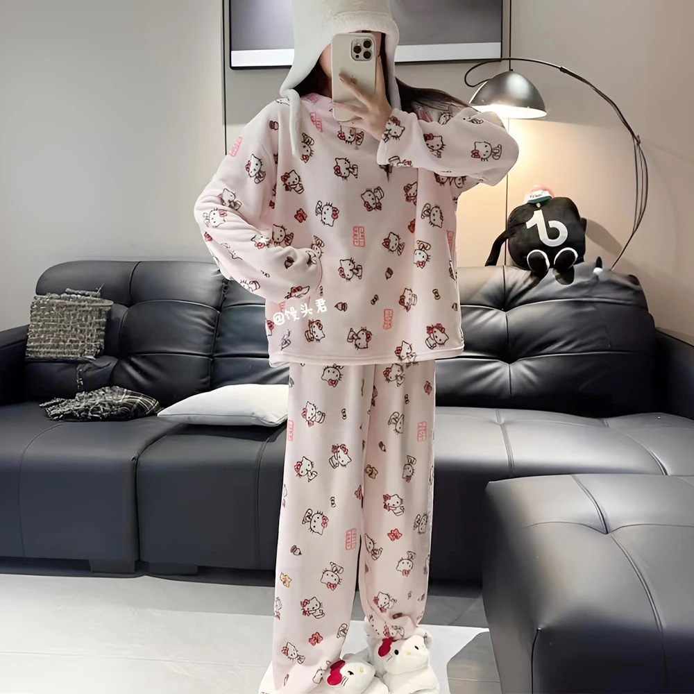 

Зимний утолщенный фланелевой пижамный костюм Kawaii Hello Kitty, женский милый повседневный домашний костюм с героями мультфильмов, свободный комфортный комплект ночного белья