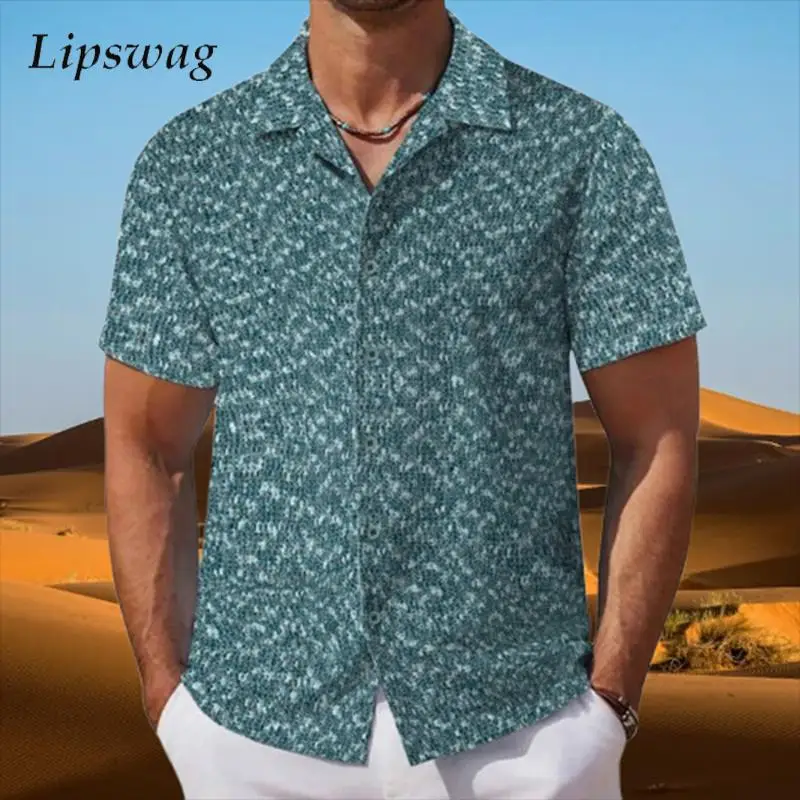 

Seaside Beach Casual Shirts For Mens Spring Summer Stylish Draped Texture Shirt Men's Vintage Turn-down Collar Button-up Shirt