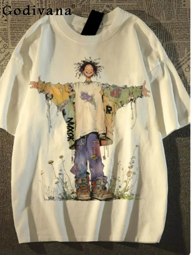 

Large Size Fashion Chic Printed Short Sleeve Cotton T-shirt Personalized Women Men Versatile Loose Elegant Leisure Crew Neck Top