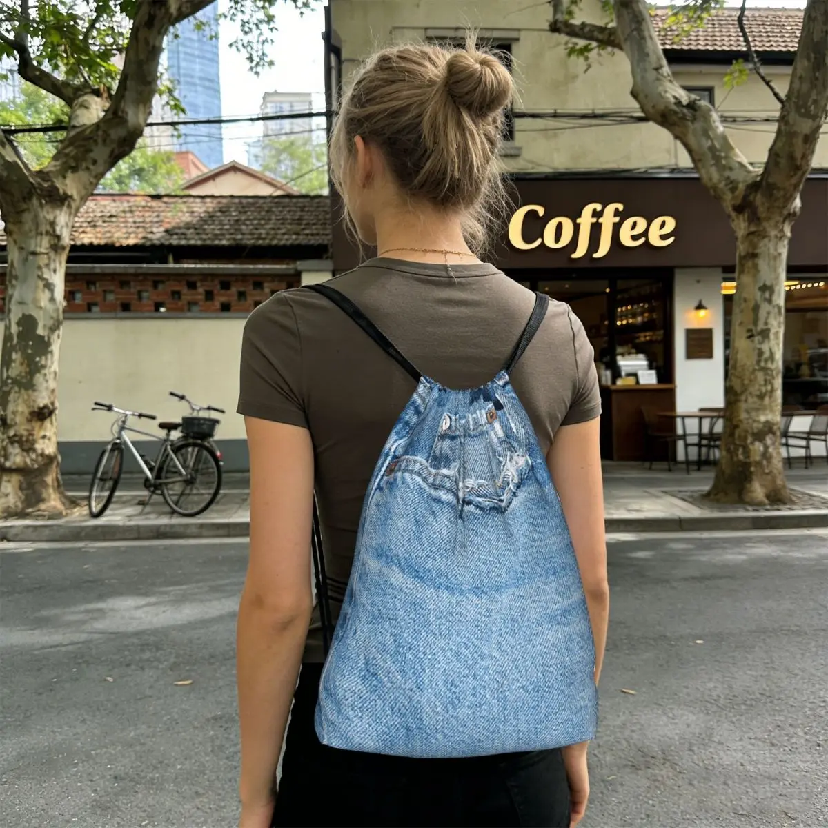 Photograph Of Old Jeans ONLY - Not Real Backpacks Casual Drawstring Bundle Pocket Sports Bag Book Bags for Travel School