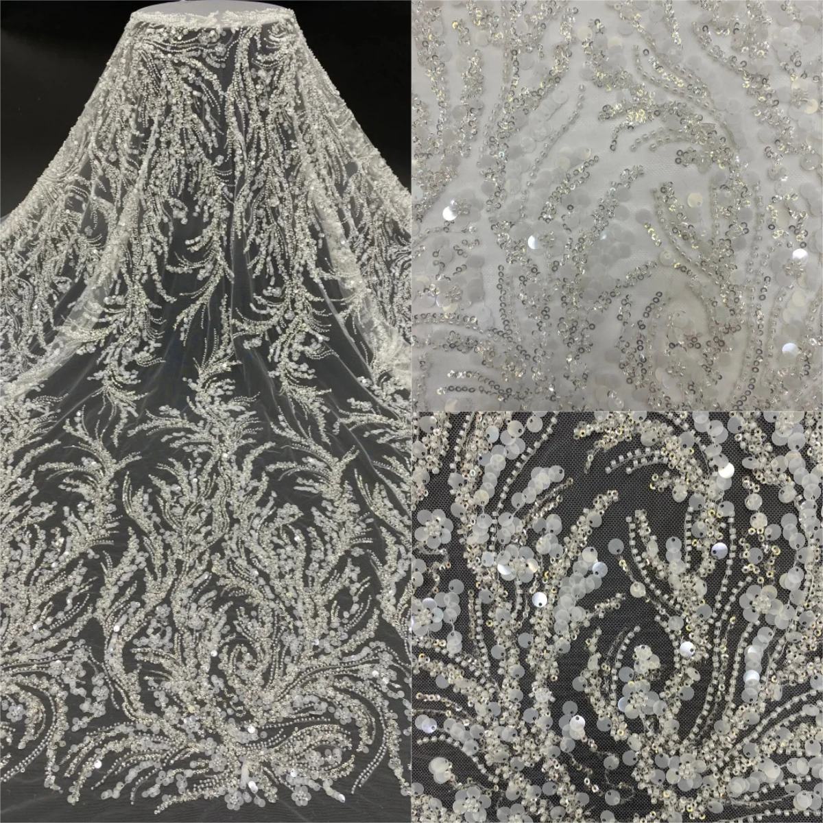 

Высококачественная белая цветочная вышивка бисером + 3/7 мм вышивка блестками на заказ свадебное платье и вечернее платье ткань с вышивкой бисером