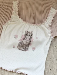 Kawaii Tank Tops for Sweet Girls Knitted Crop Top Women Summer 2024 Hollow Out Bunny and Cat  Print Cute Cropped